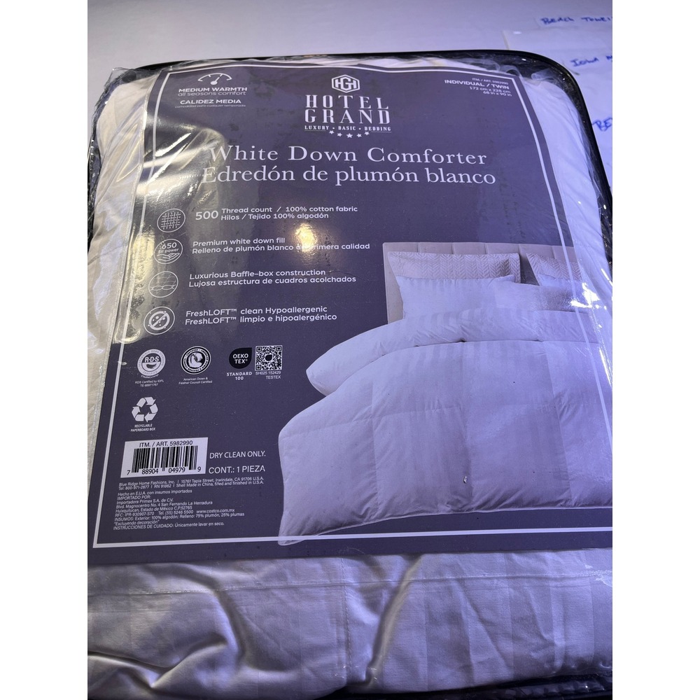 Hotel Grand White Down Comforter Twin White NEW 500TC 650FP Baffle Box